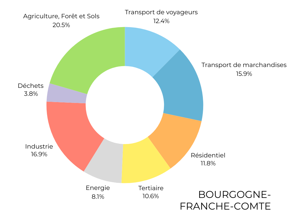 - Agriculture, forêts et sols 20.5%<br />
- Transport de voyageurs 12.4%<br />
- Transport de marchandise 15.9%<br />
- Résidentiel 11.8%<br />
- Tertiaire 10.6%<br />
- Énergie 8.1%<br />
- Industrie 16.9%<br />
- Déchets 3.8%