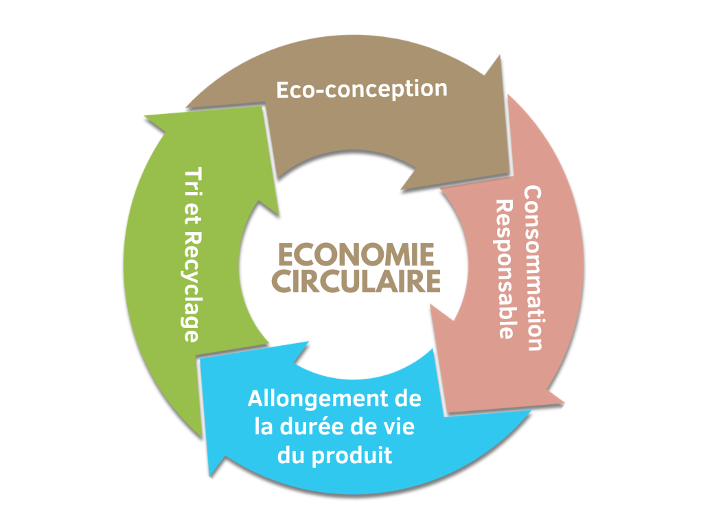 Économie circulaire :<br />
- Eco-conception<br />
- Consommation responsable<br />
- Allongement de la durée de vie du produit<br />
- Tri et recyclage