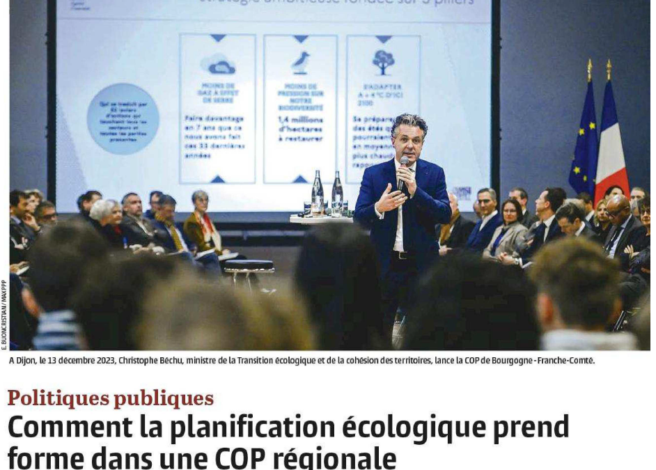 Photo du Ministre Béchu lors de la COP de lancement en BFC et Titre de l'article de la Gazette des Communes : Politiques publiques, Comment la planification écologique prend forme dans une COP régionale